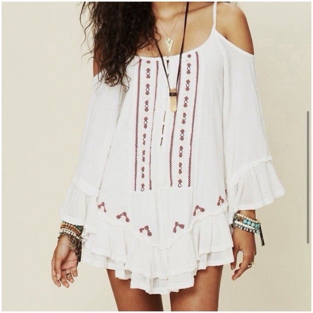 Free People FP One Large Flamenco Cold Shoulder Mini Tunic Dress Embroidered
